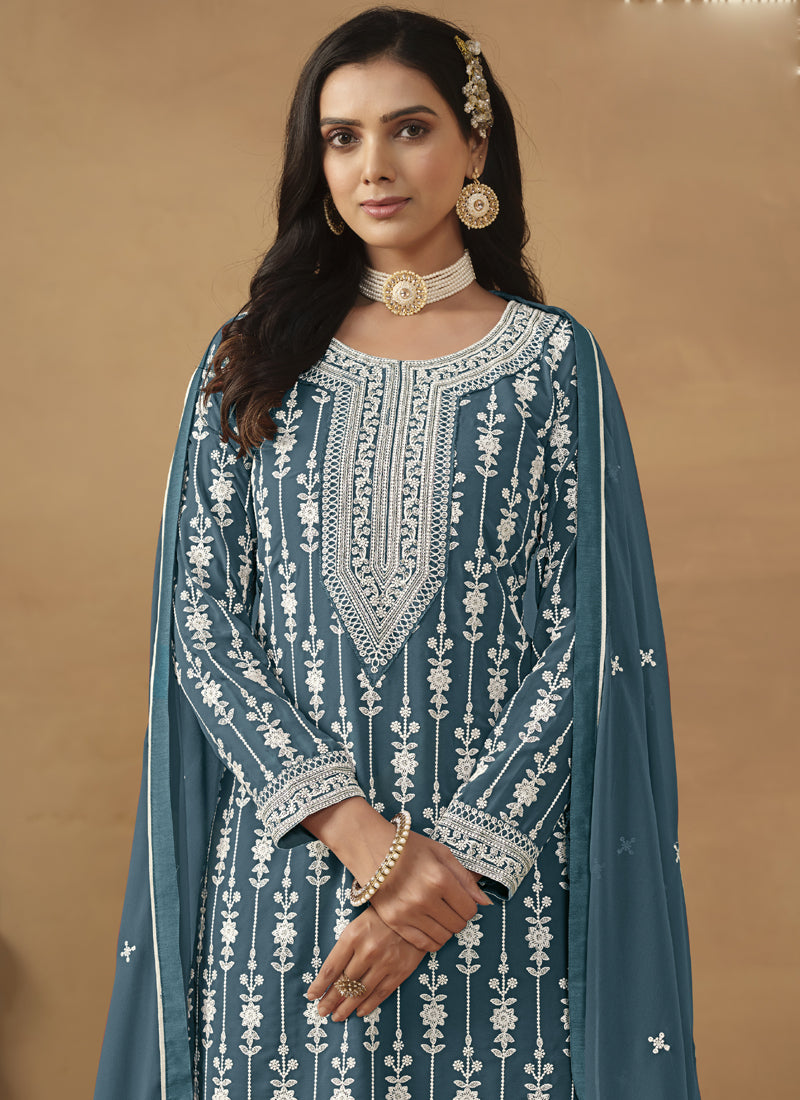 Vegaa Fashion Designer Grey Faux Georgette Embroidery Sharara Suit - Distacart