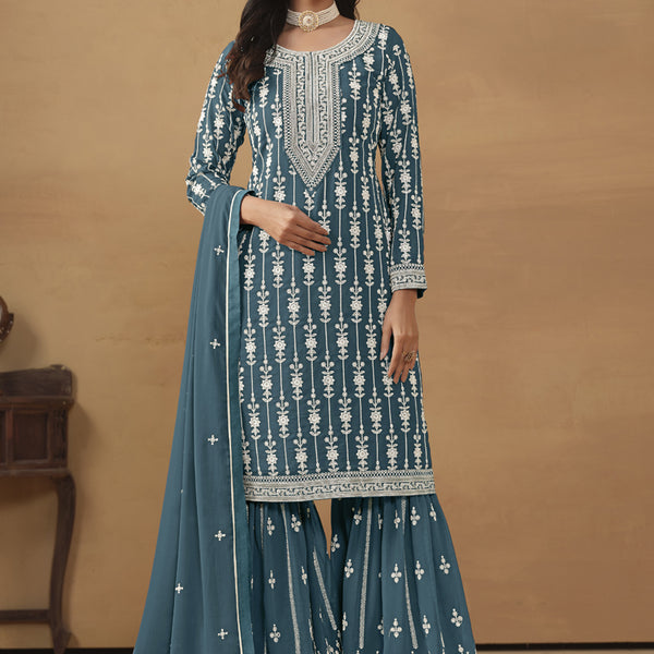 Vegaa Fashion Designer Grey Faux Georgette Embroidery Sharara Suit - Distacart