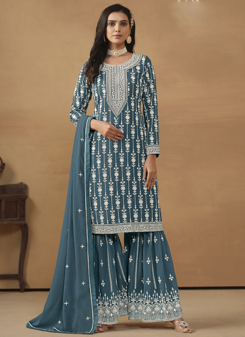 Vegaa Fashion Designer Grey Faux Georgette Embroidery Sharara Suit - Distacart