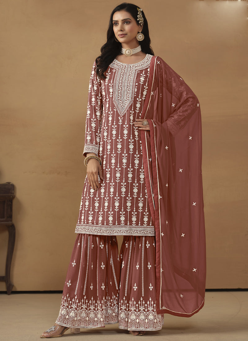 Vegaa Fashion Designer Brown Faux Georgette Embroidery Sharara Suit - Distacart