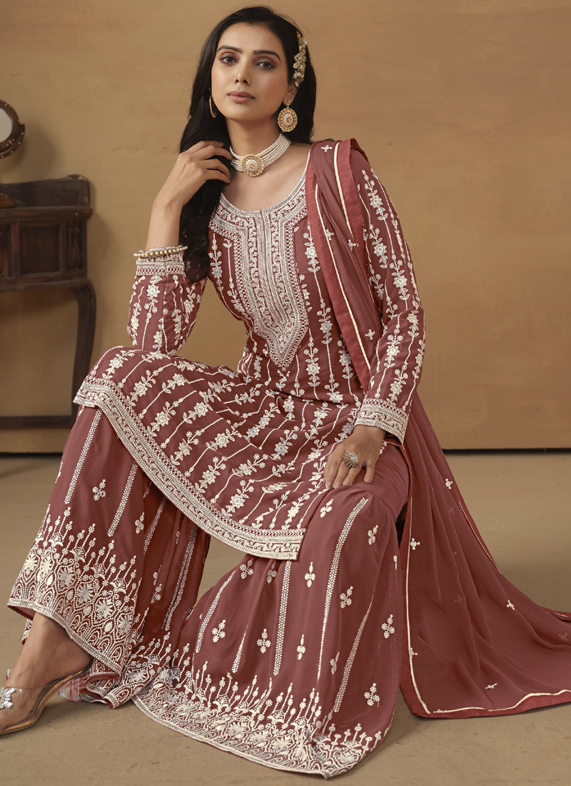 Vegaa Fashion Designer Brown Faux Georgette Embroidery Sharara Suit