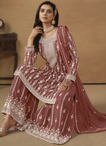 Thumbnail for Vegaa Fashion Designer Brown Faux Georgette Embroidery Sharara Suit
