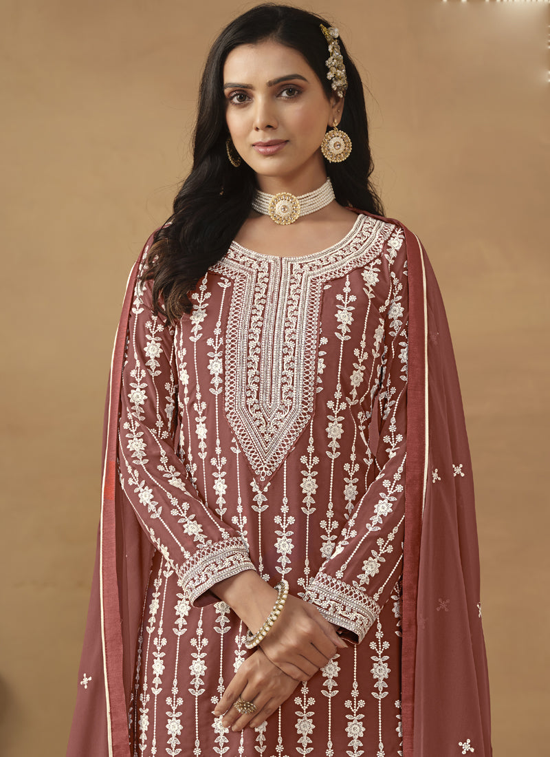 Vegaa Fashion Designer Brown Faux Georgette Embroidery Sharara Suit