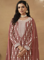 Thumbnail for Vegaa Fashion Designer Brown Faux Georgette Embroidery Sharara Suit
