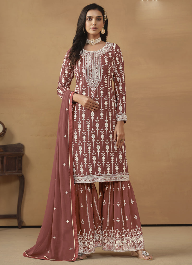 Vegaa Fashion Designer Brown Faux Georgette Embroidery Sharara Suit - Distacart
