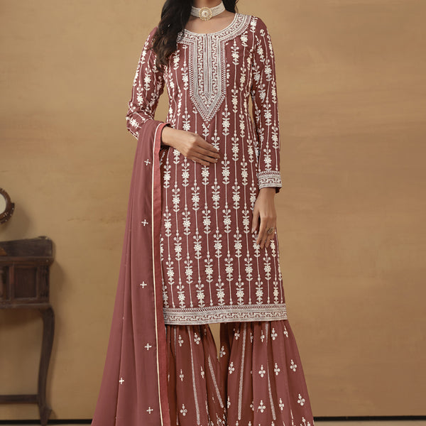 Vegaa Fashion Designer Brown Faux Georgette Embroidery Sharara Suit - Distacart