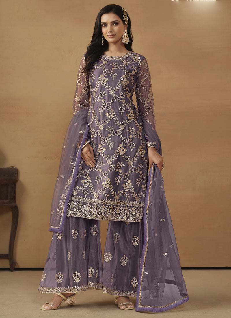 Vegaa Fashion Purple Net Embroidered Sharara Suit - Distacart