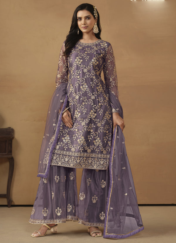 Vegaa Fashion Purple Net Embroidered Sharara Suit