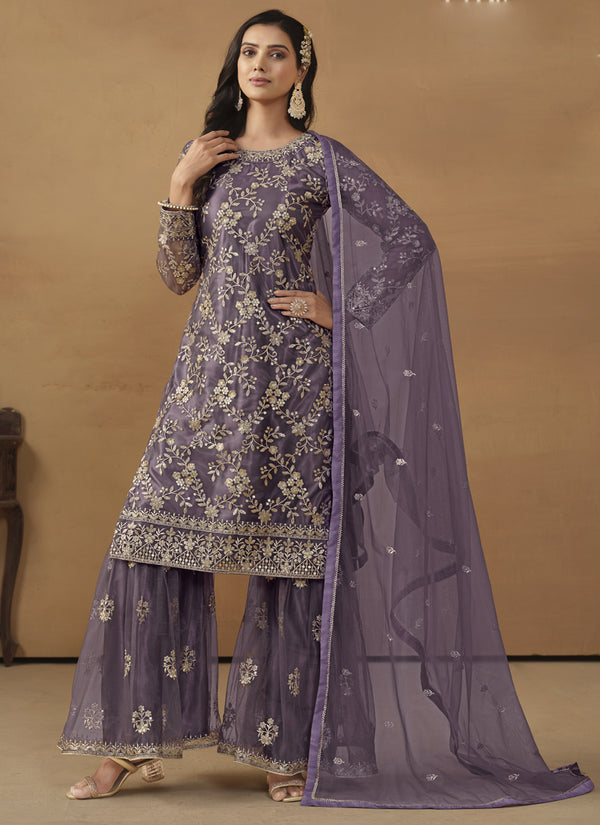 Vegaa Fashion Purple Net Embroidered Sharara Suit