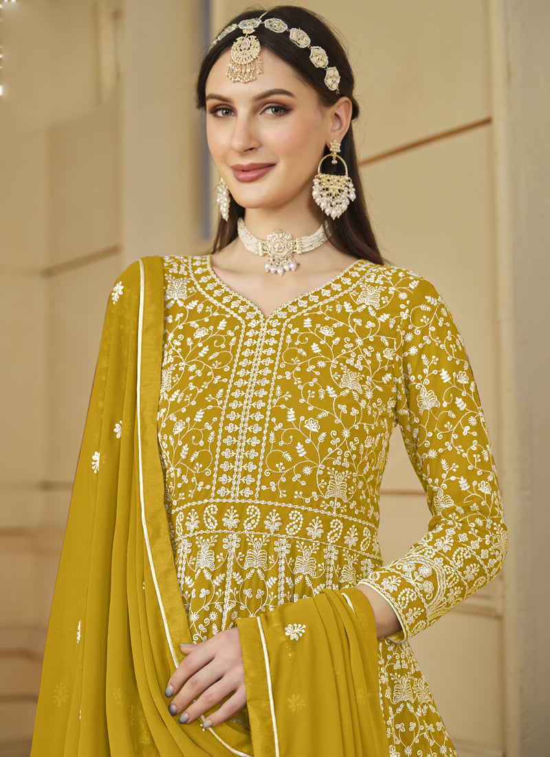 Vegaa Fashion Designer Yellow Faux Georgette Embroidery Anarkali Suit - Distacart