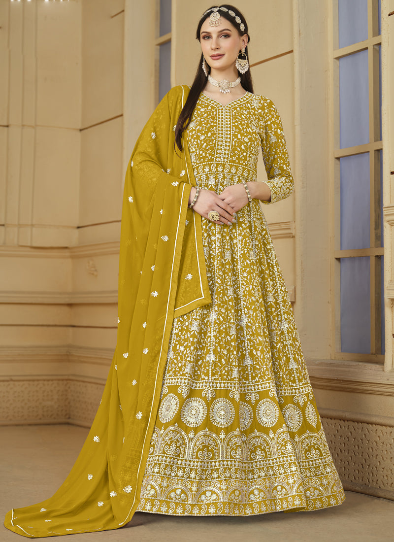 Vegaa Fashion Designer Yellow Faux Georgette Embroidery Anarkali Suit - Distacart