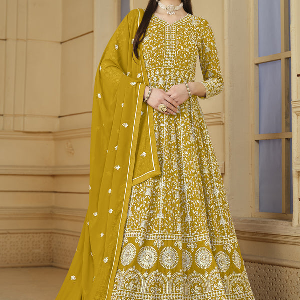 Vegaa Fashion Designer Yellow Faux Georgette Embroidery Anarkali Suit - Distacart