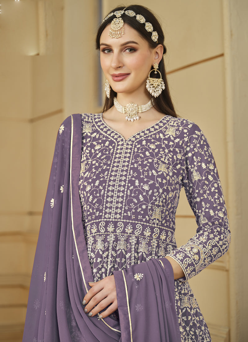 Vegaa Fashion Designer Lavender Faux Georgette Embroidery Anarkali Suit - Distacart