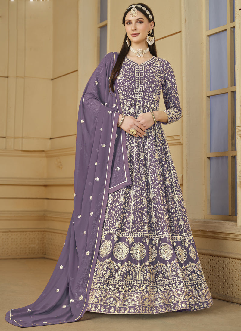 Vegaa Fashion Designer Lavender Faux Georgette Embroidery Anarkali Suit - Distacart