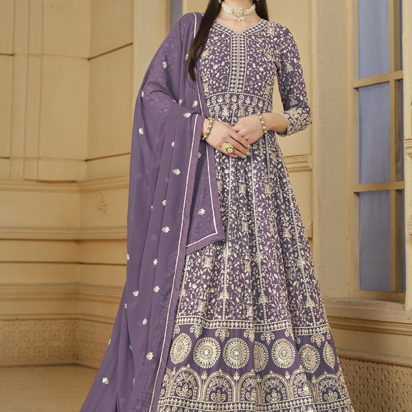 Vegaa Fashion Designer Lavender Faux Georgette Embroidery Anarkali Suit - Distacart