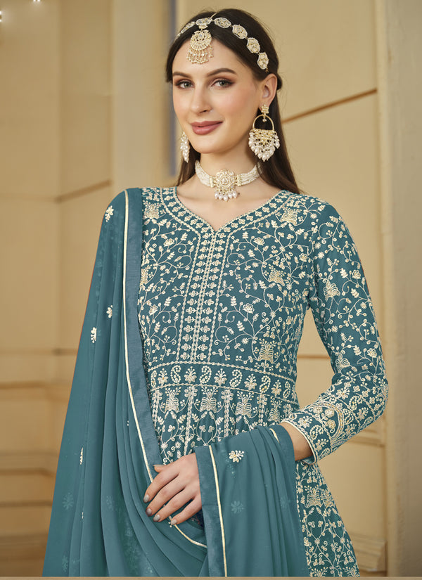 Vegaa Fashion Designer Grey Faux Georgette Embroidery Anarkali Suit