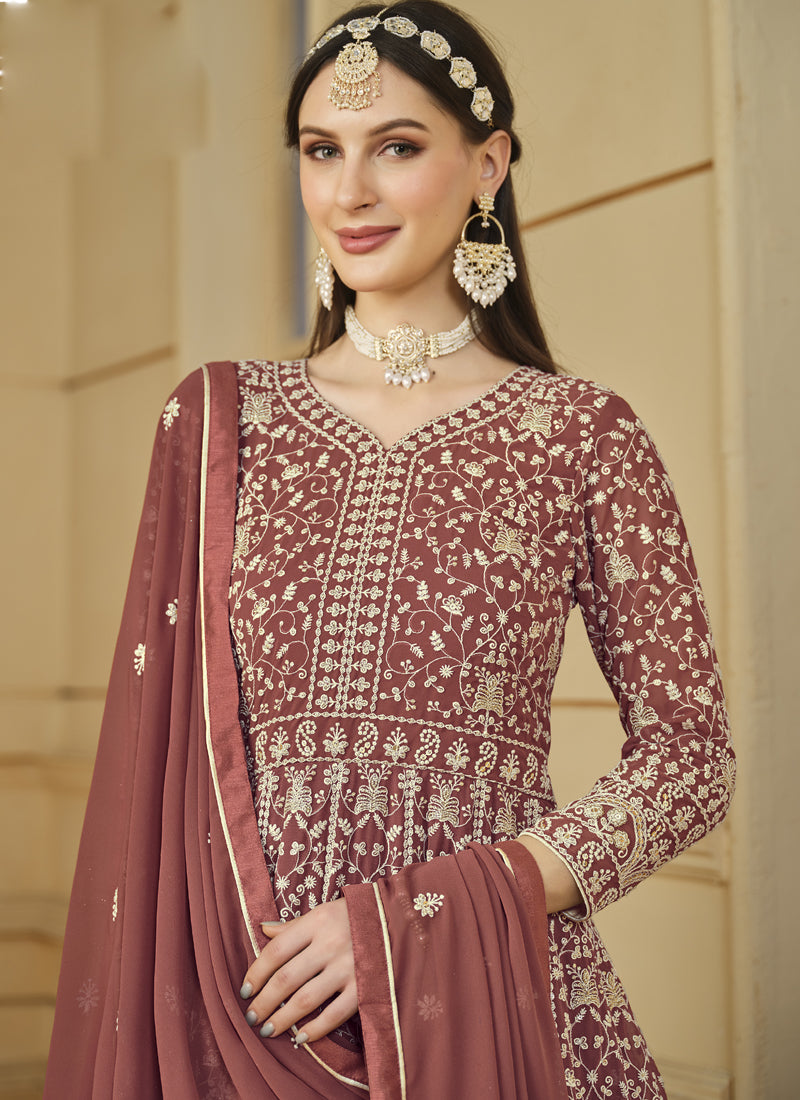 Vegaa Fashion Designer Dark Peach Faux Georgette Embroidery Anarkali Suit - Distacart