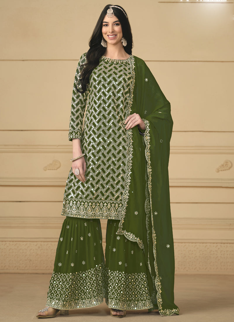 Vegaa Fashion Designer Mehendi Faux Georgette Embroidery Sharara Suit - Distacart