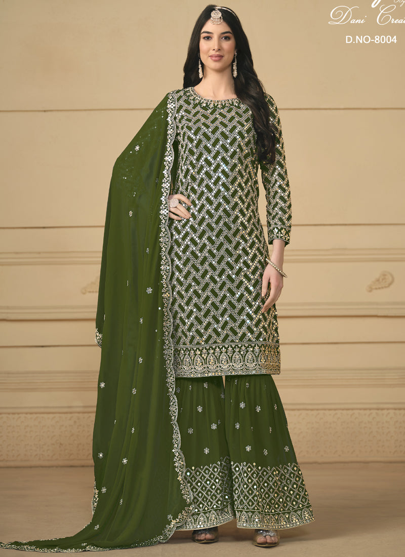 Vegaa Fashion Designer Mehendi Faux Georgette Embroidery Sharara Suit - Distacart