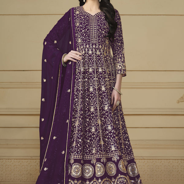 Vegaa Fashion Designer Violet Faux Georgette Embroidery Anarkali Suit - Distacart
