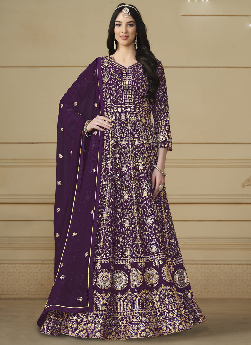 Vegaa Fashion Designer Violet Faux Georgette Embroidery Anarkali Suit - Distacart