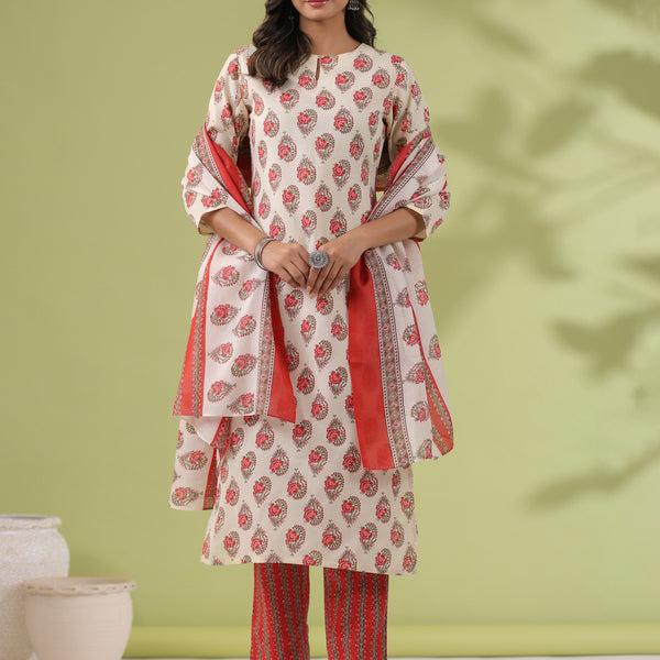 Janasya Regular Poly Cotton Cream Ethnic Motifs Notch Neck Set - Distacart