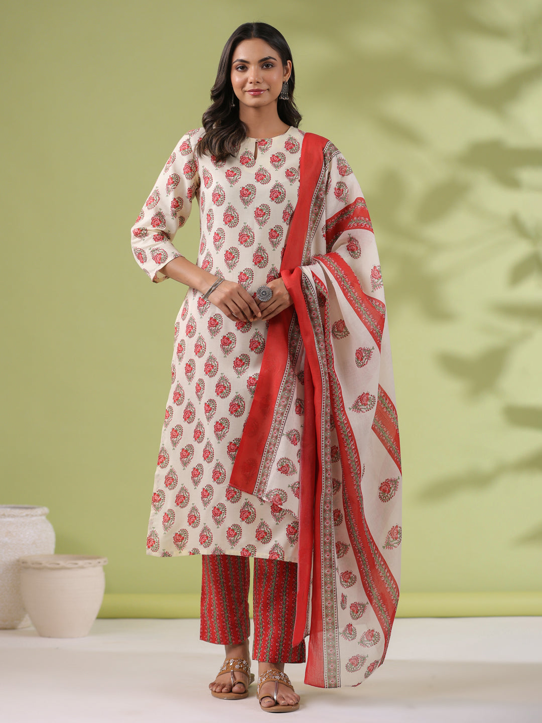 Janasya Regular Poly Cotton Cream Ethnic Motifs Notch Neck Set - Distacart