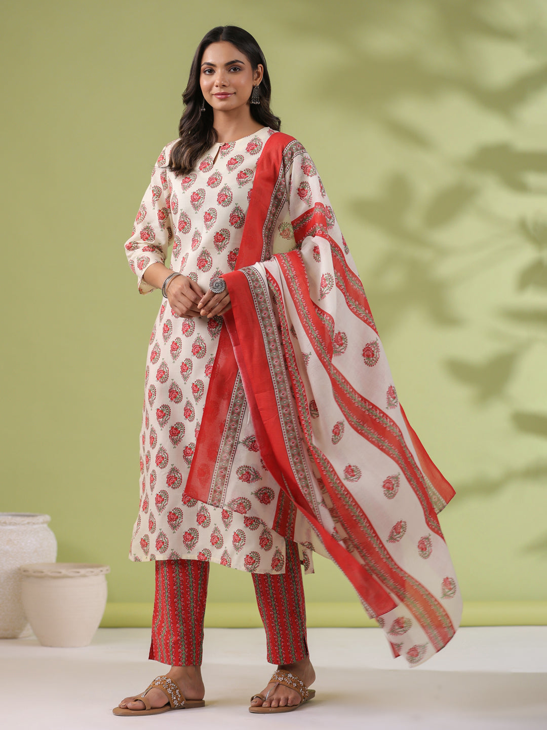 Janasya Regular Poly Cotton Cream Ethnic Motifs Notch Neck Set - Distacart