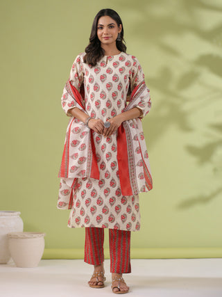 Janasya Regular Poly Cotton Cream Ethnic Motifs Notch Neck Set - Distacart