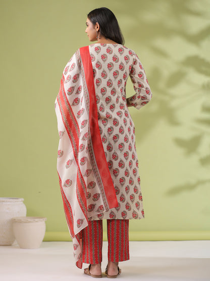 Janasya Regular Poly Cotton Cream Ethnic Motifs Notch Neck Set - Distacart