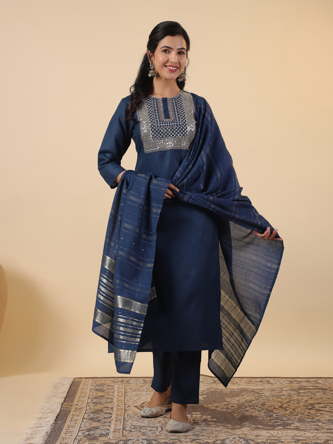 Janasya Straight Magics Slub Blue Embroidered Round Neck Kurta,Bottom & Dupatta - Distacart