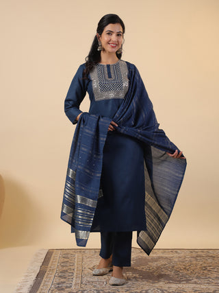 Janasya Straight Magics Slub Blue Embroidered Round Neck Kurta,Bottom & Dupatta - Distacart