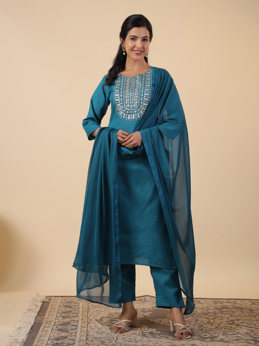Janasya Straight Magics Slub Teal Embroidered Round Neck Kurta,Bottom & Dupatta - Distacart
