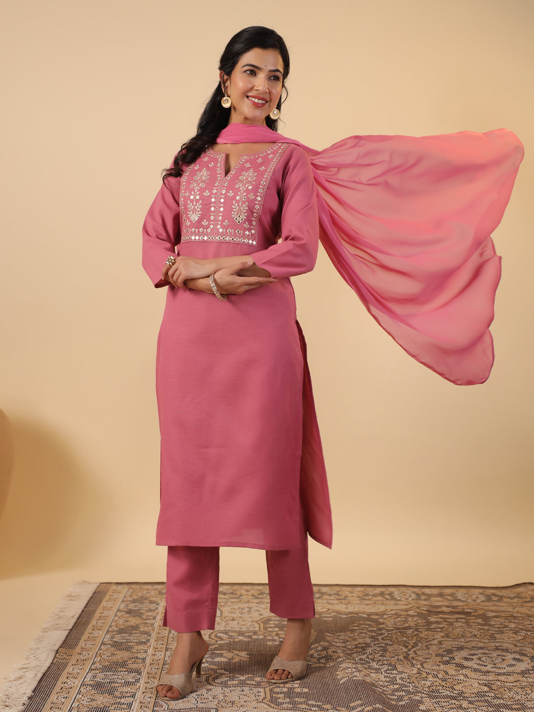 Janasya Straight Magics Slub Pink Embroidered Notch Neck Kurta,Bottom & Dupatta - Distacart