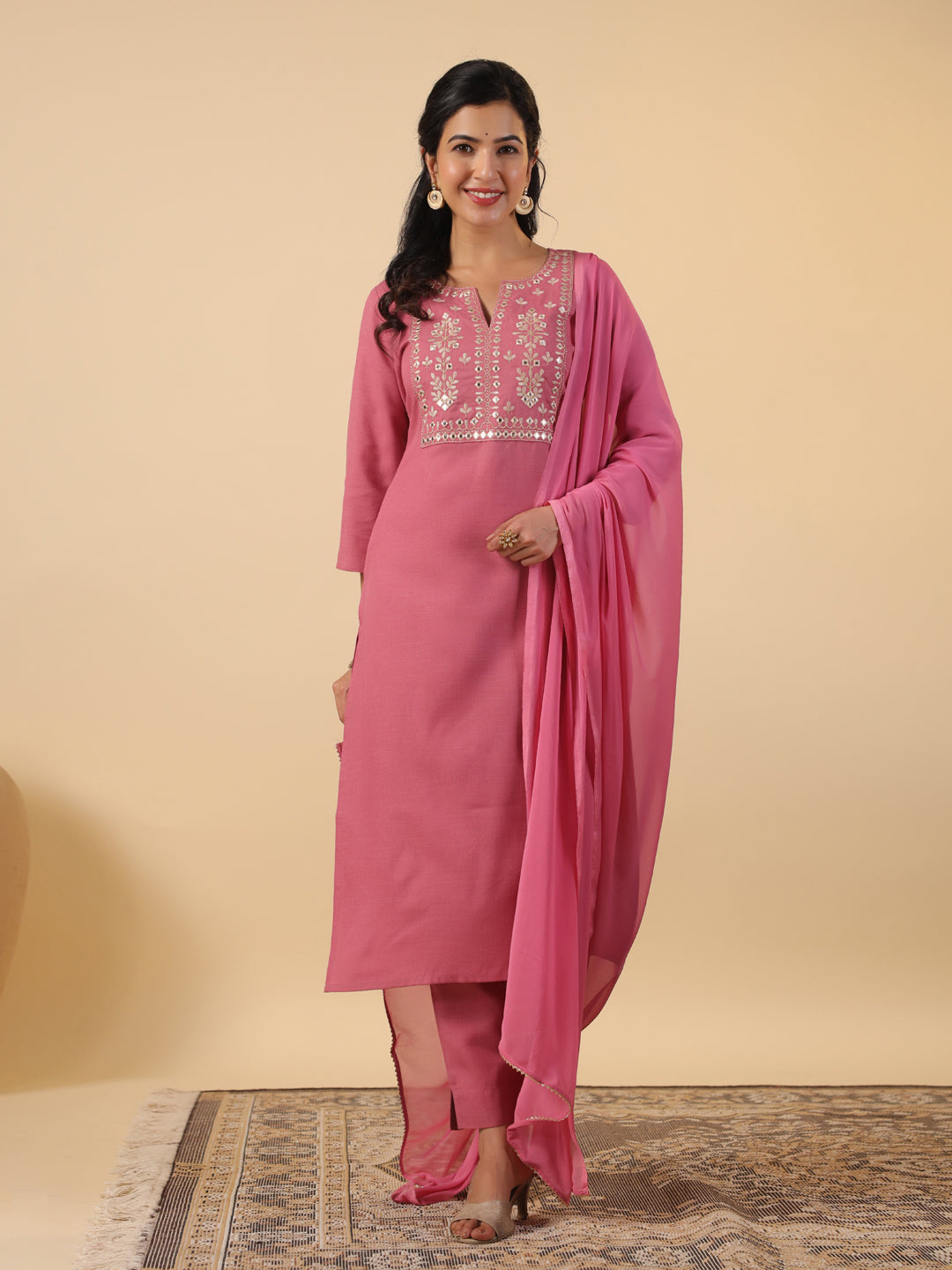 Janasya Straight Magics Slub Pink Embroidered Notch Neck Kurta,Bottom & Dupatta - Distacart