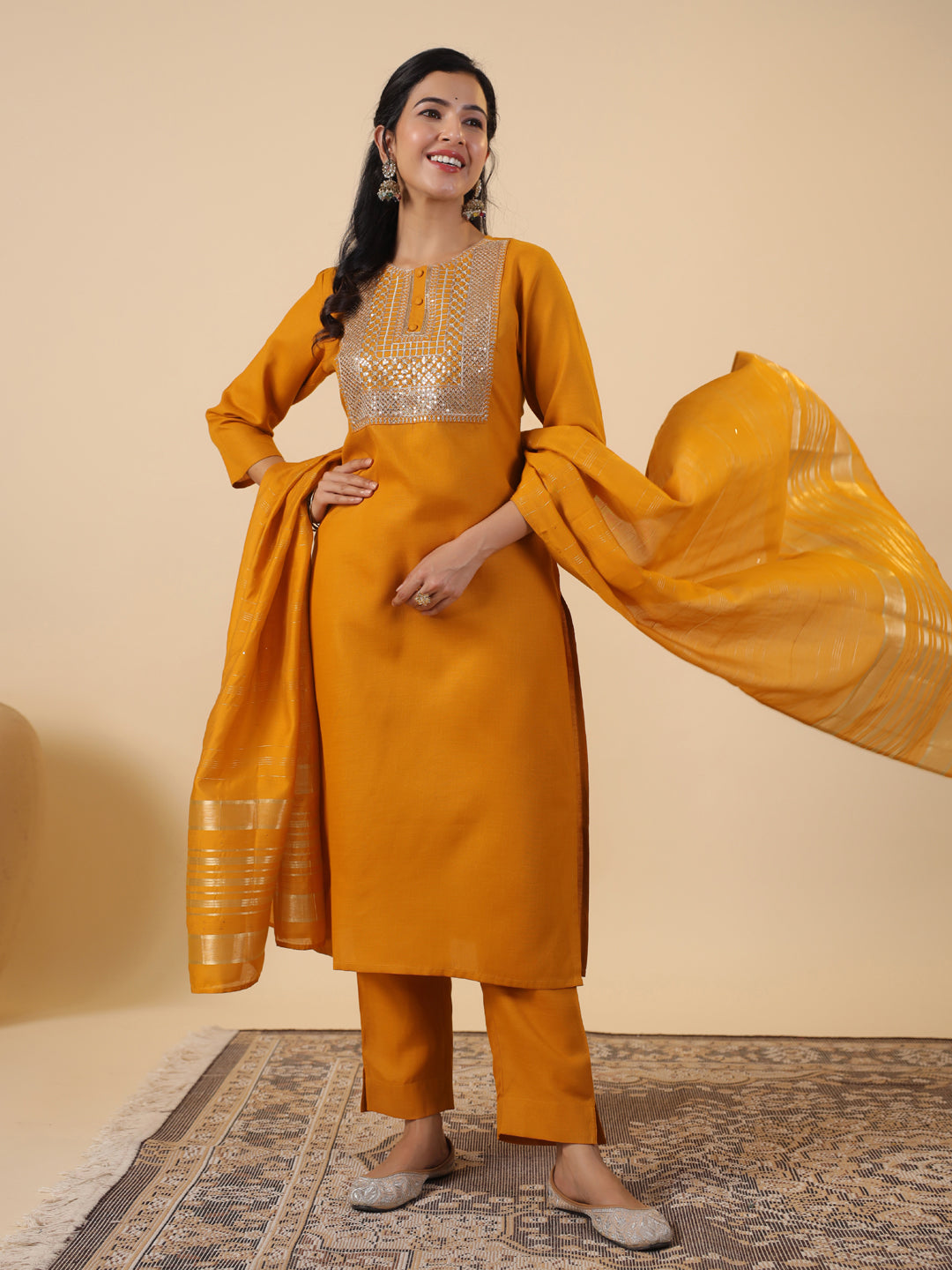 Janasya Regular Magics Slub Mustard Embroidered Round Neck Kurta,Bottom & Dupatta - Distacart