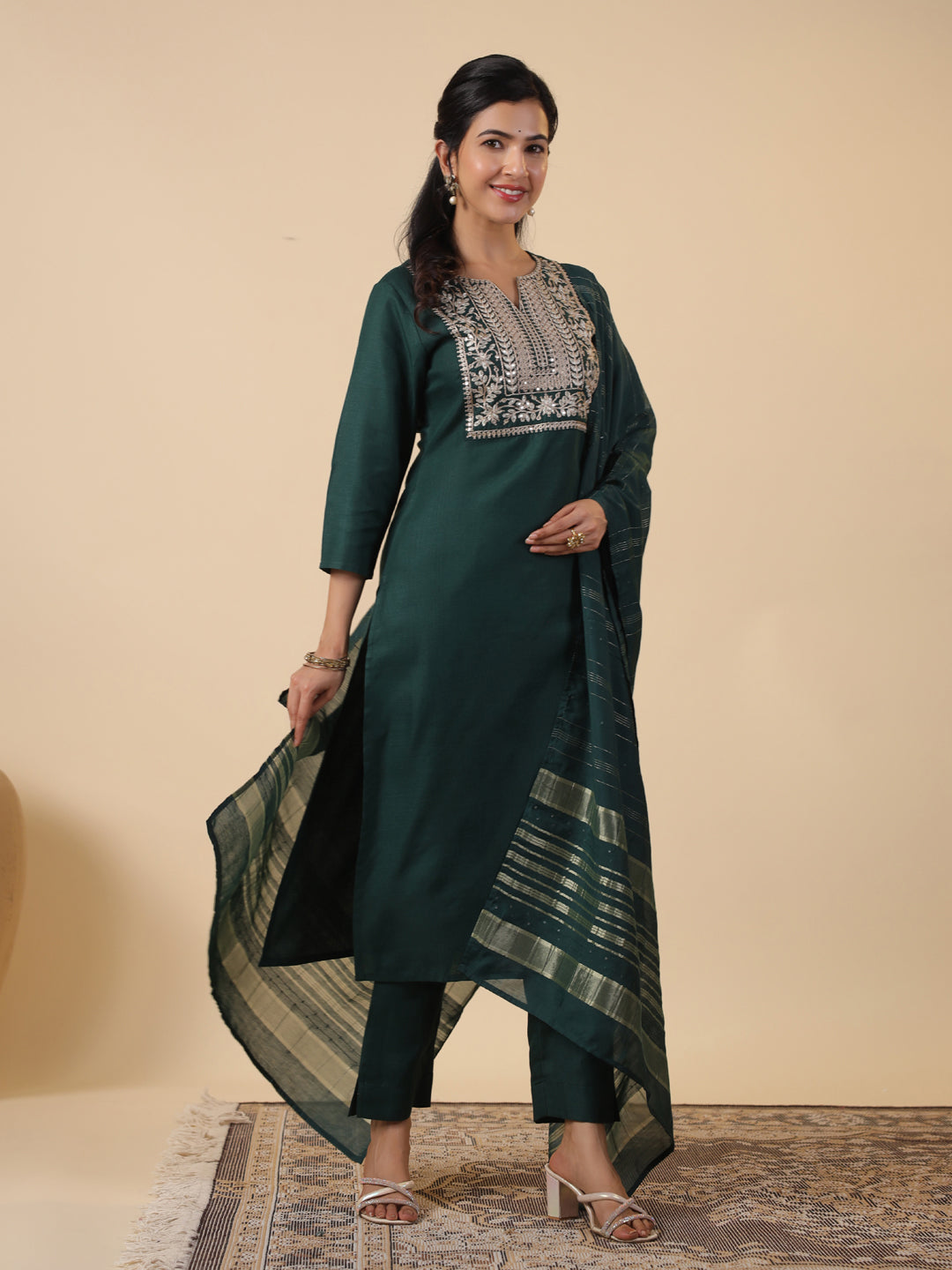 Janasya Straight Magics Slub Dark Green Yoke Embroidery Notch Neck Kurta,Bottom & Dupatta - Distacart