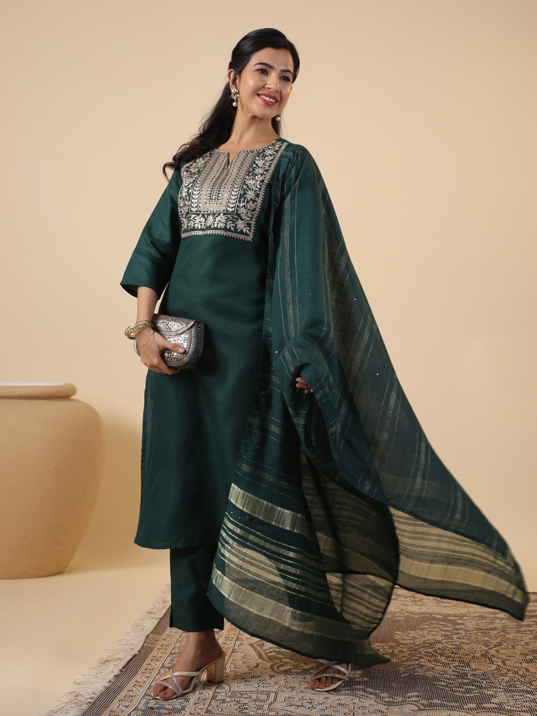 Janasya Straight Magics Slub Dark Green Yoke Embroidery Notch Neck Kurta,Bottom & Dupatta - Distacart