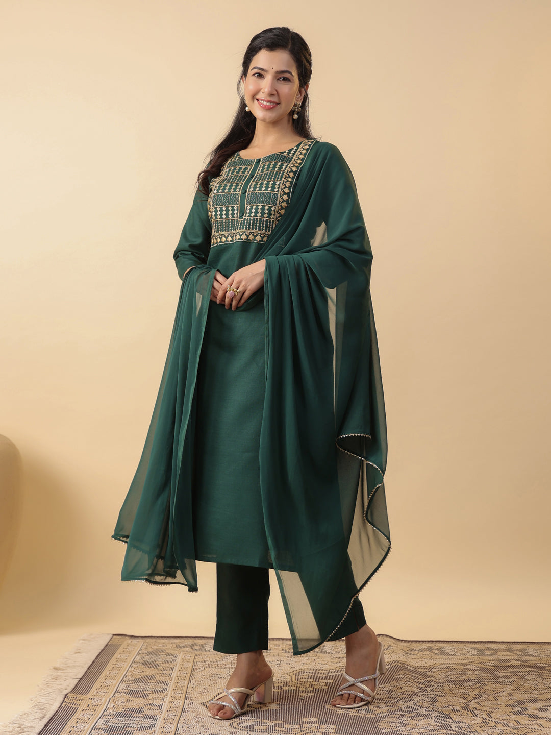 Janasya Straight Magics Slub Dark Green Yoke Embroidery Round Neck Kurta,Bottom & Dupatta - Distacart