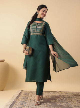 Janasya Straight Magics Slub Dark Green Yoke Embroidery Round Neck Kurta,Bottom & Dupatta - Distacart