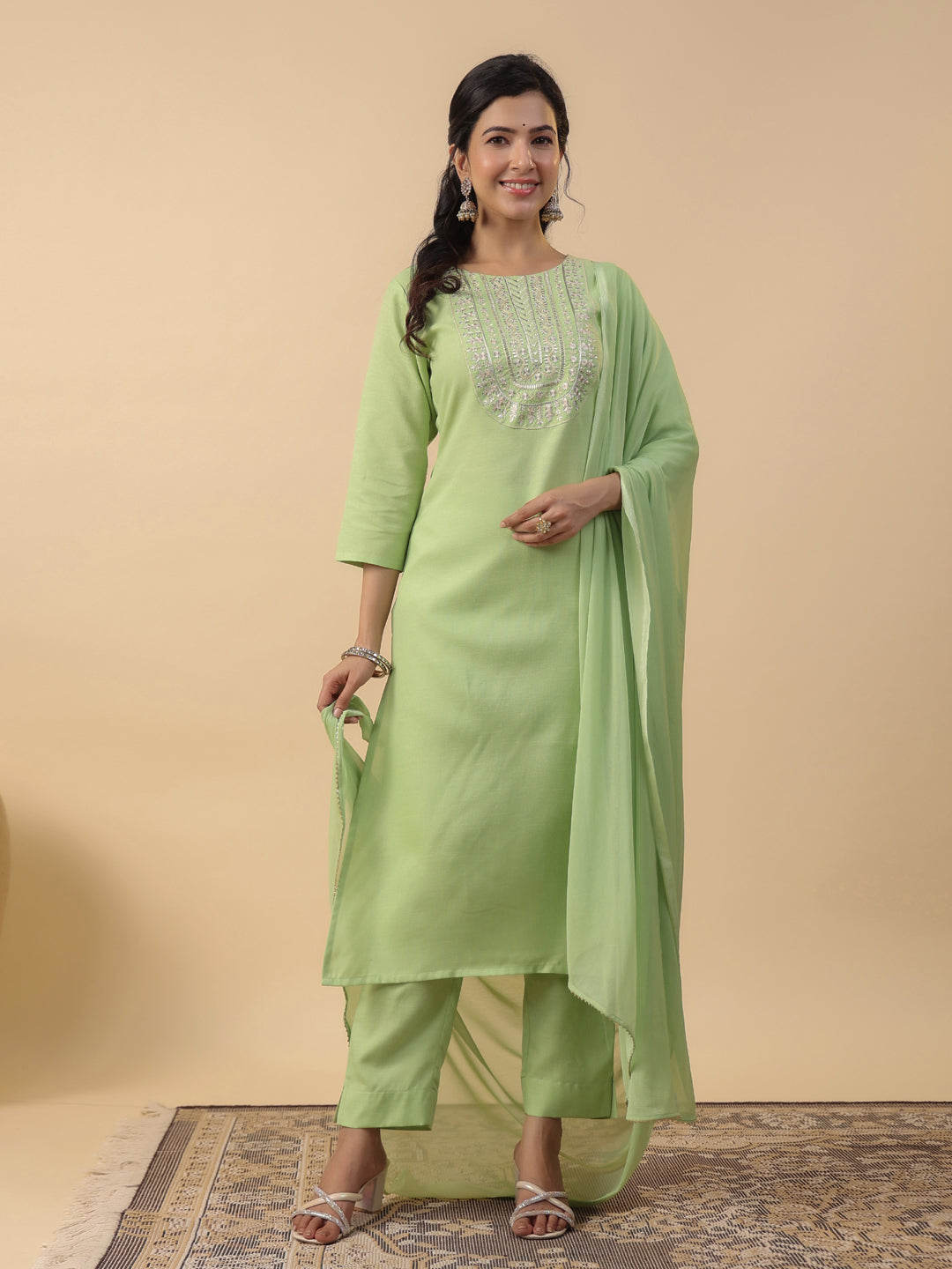 Janasya Straight Magics Slub Green Embroidered Round Neck Kurta,Bottom & Dupatta - Distacart