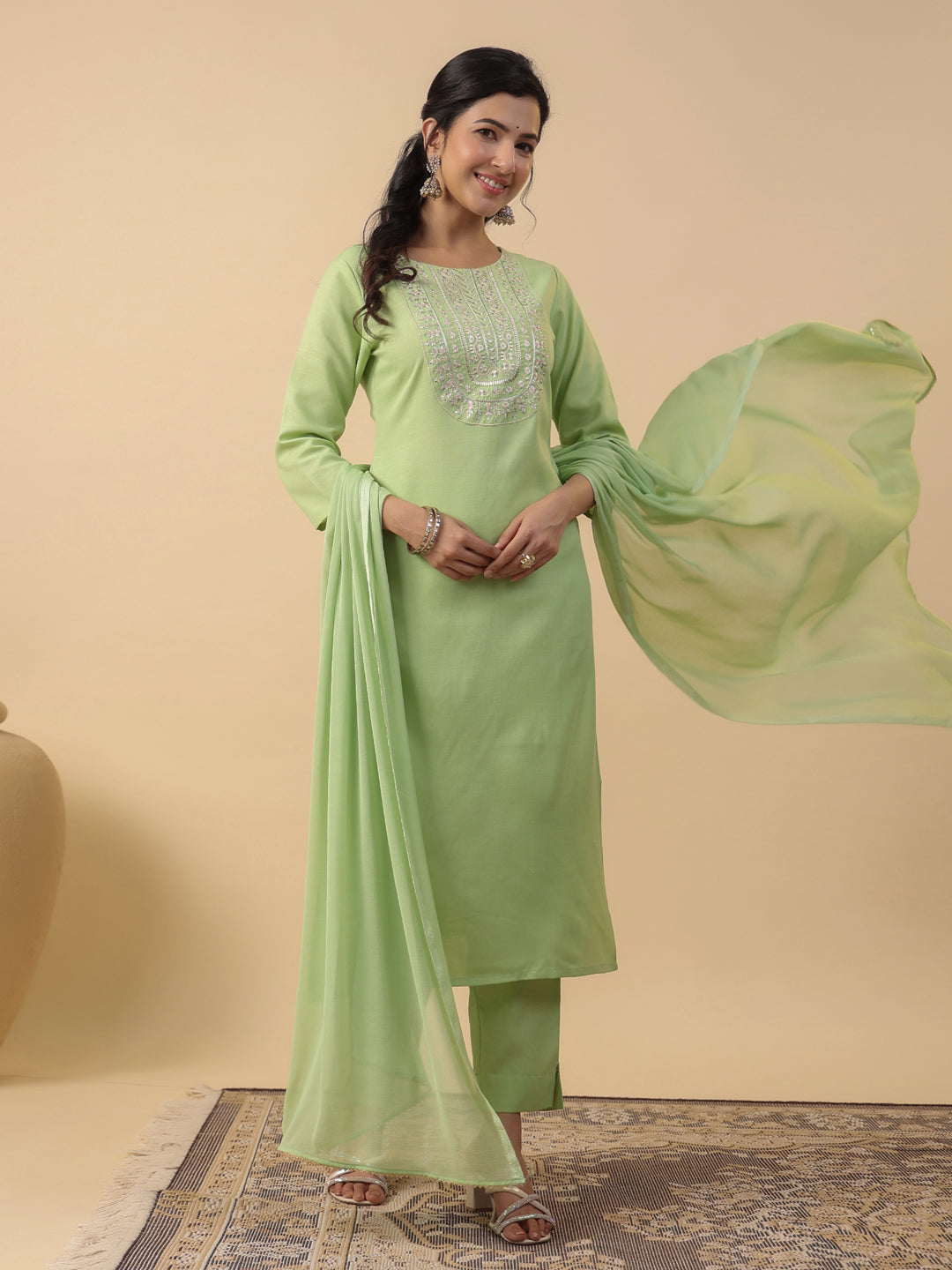 Janasya Straight Magics Slub Green Embroidered Round Neck Kurta,Bottom & Dupatta - Distacart