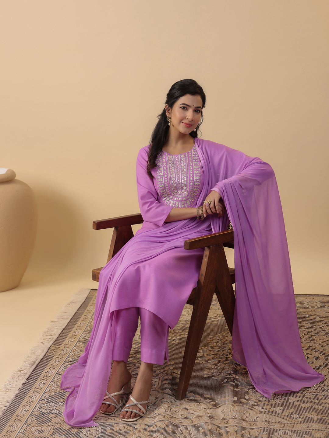 Janasya Straight Magics Slub Lavender Embroidered Round Neck Kurta,Bottom & Dupatta - Distacart