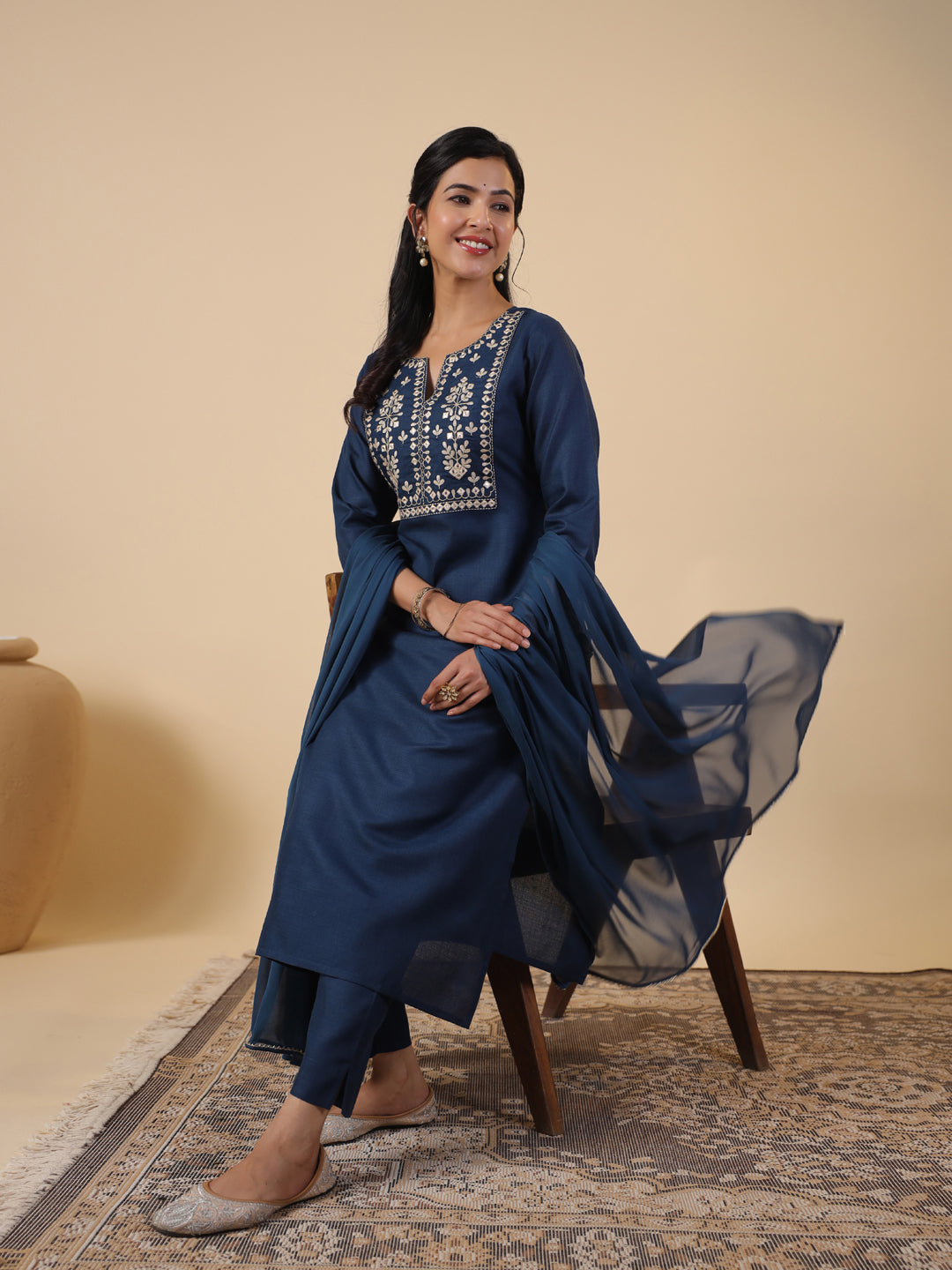Janasya Straight Magics Slub Navy Blue Embroidered Notch Neck Kurta,Bottom & Dupatta - Distacart