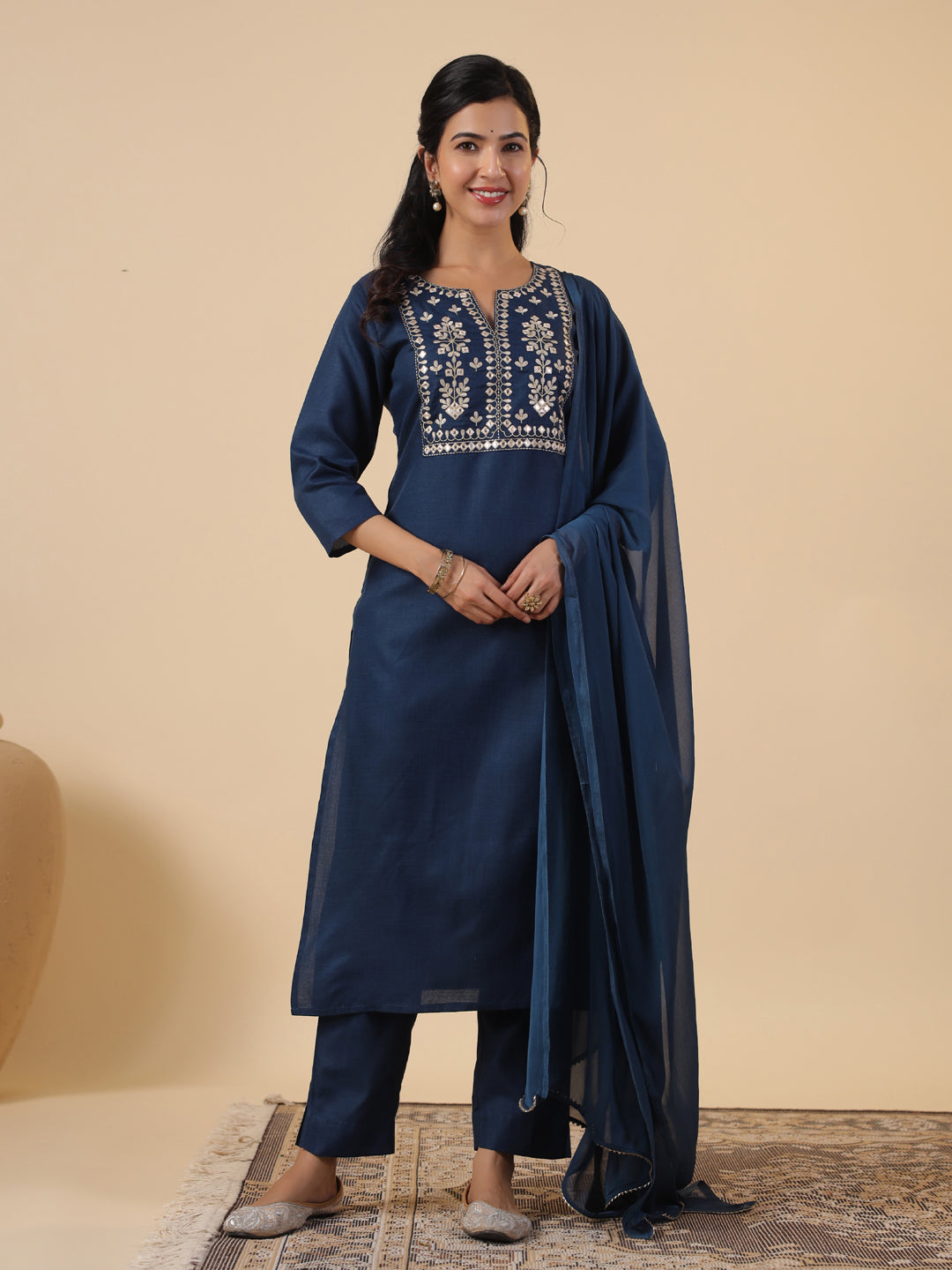 Janasya Straight Magics Slub Navy Blue Embroidered Notch Neck Kurta,Bottom & Dupatta - Distacart