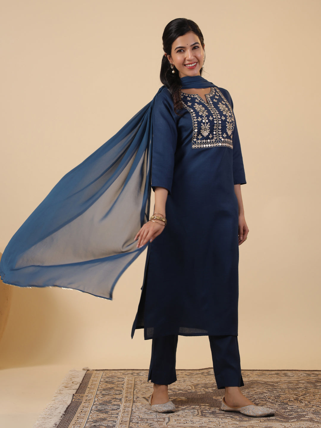 Janasya Straight Magics Slub Navy Blue Embroidered Notch Neck Kurta,Bottom & Dupatta - Distacart