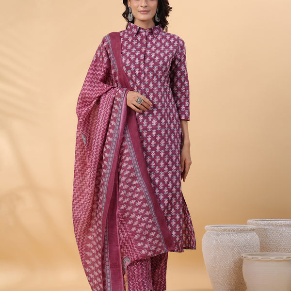 Janasya Regular Poly Cotton Purple Printed Shirt Collar Kurta,Bottom & Dupatta - Distacart