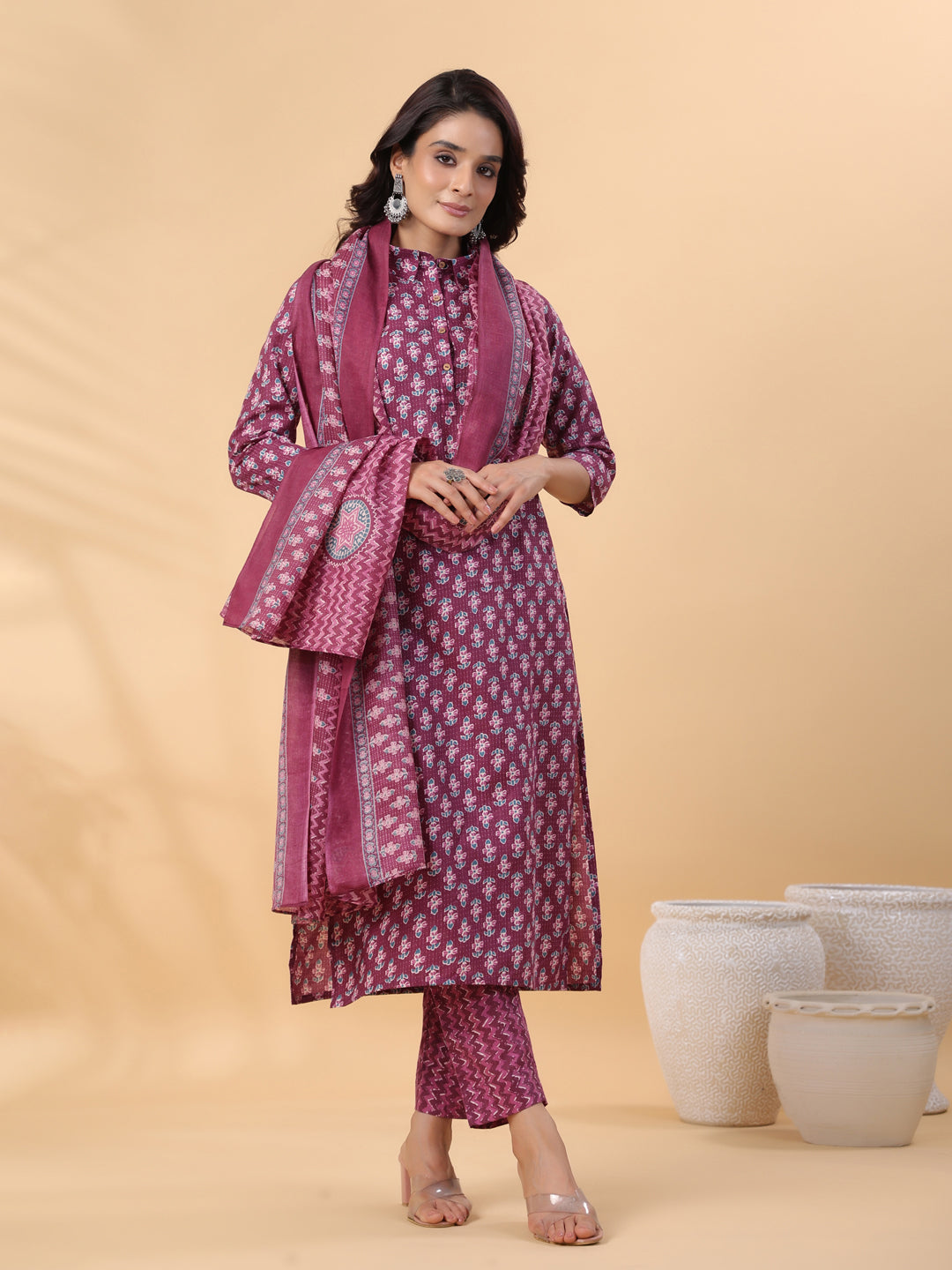 Janasya Regular Poly Cotton Purple Printed Shirt Collar Kurta,Bottom & Dupatta - Distacart