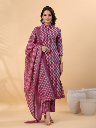 Janasya Regular Poly Cotton Purple Printed Shirt Collar Kurta,Bottom & Dupatta - Distacart