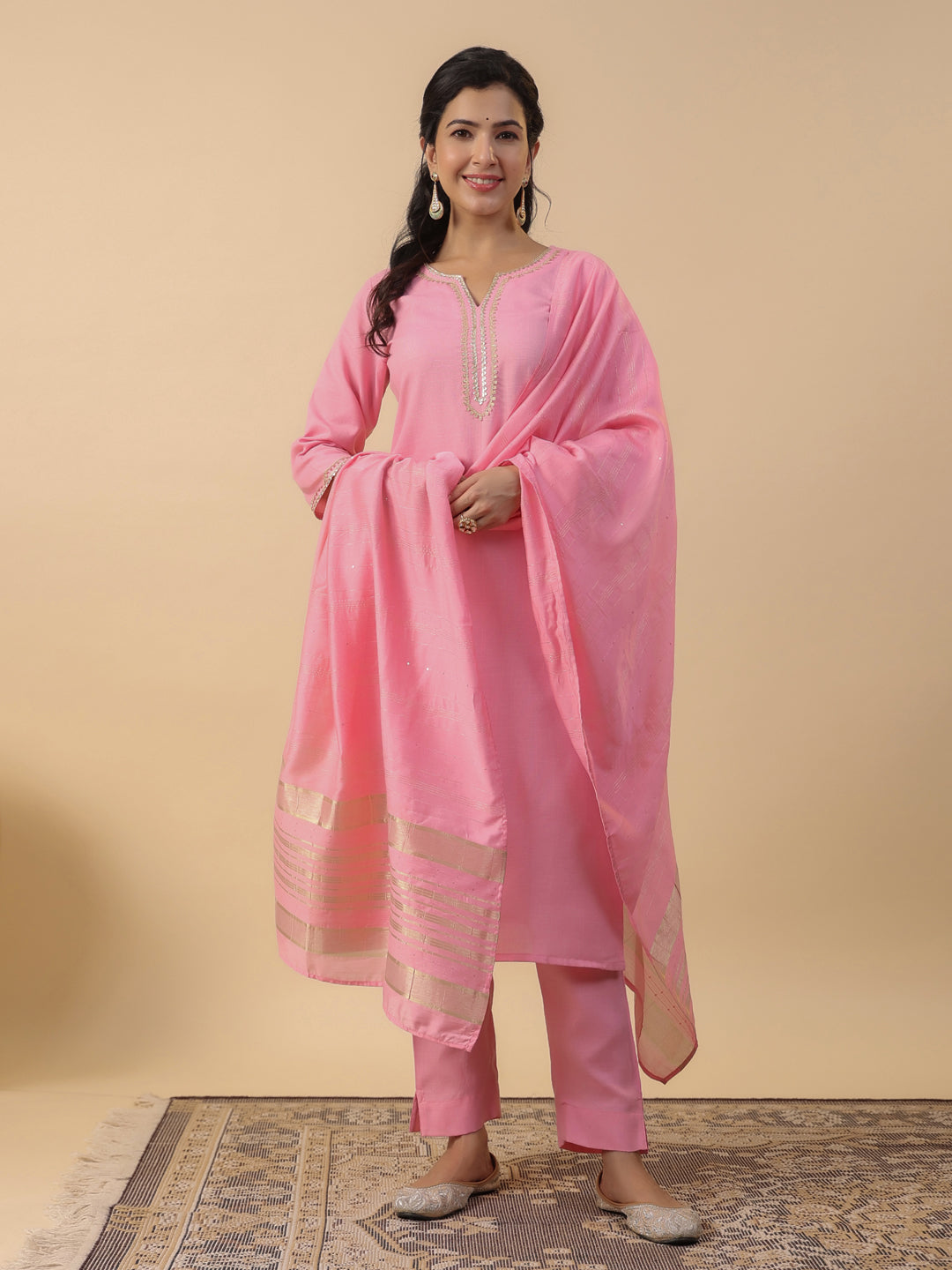 Janasya Regular Magics Slub Baby Pink Solid Notch Neck Kurta,Bottom & Dupatta - Distacart